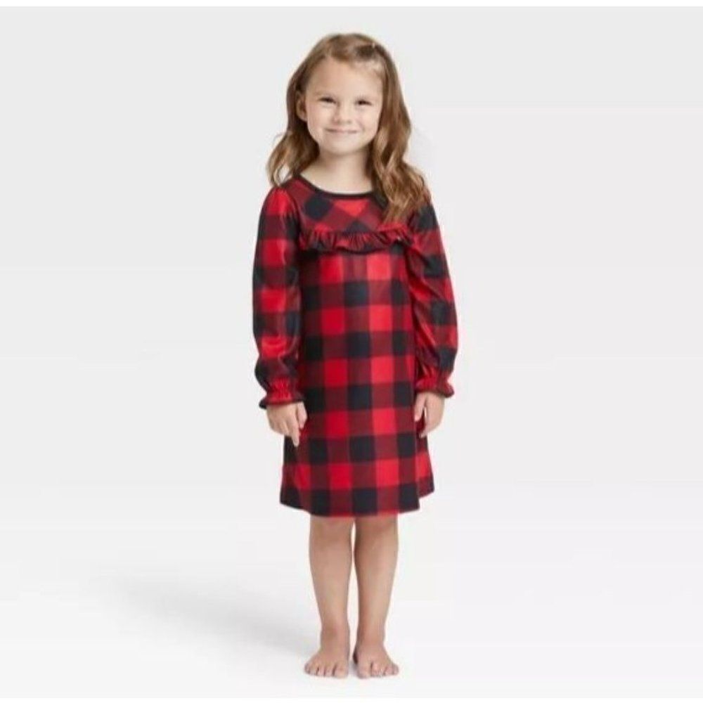 Toddler Holiday Buffalo‎ Check Flannel Pajama NightGown - Red 2T